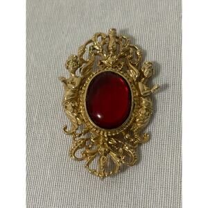 Vintage Gold Tone Brooch Red Glass Cabochon